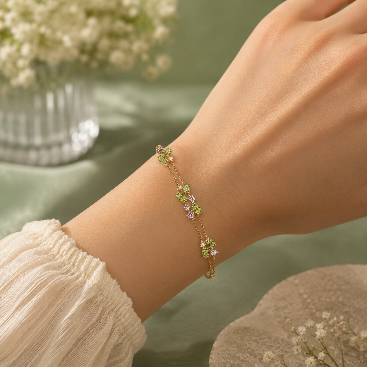 Armband MOOD Roségold 585 mit grünen Swarovski Kristallen