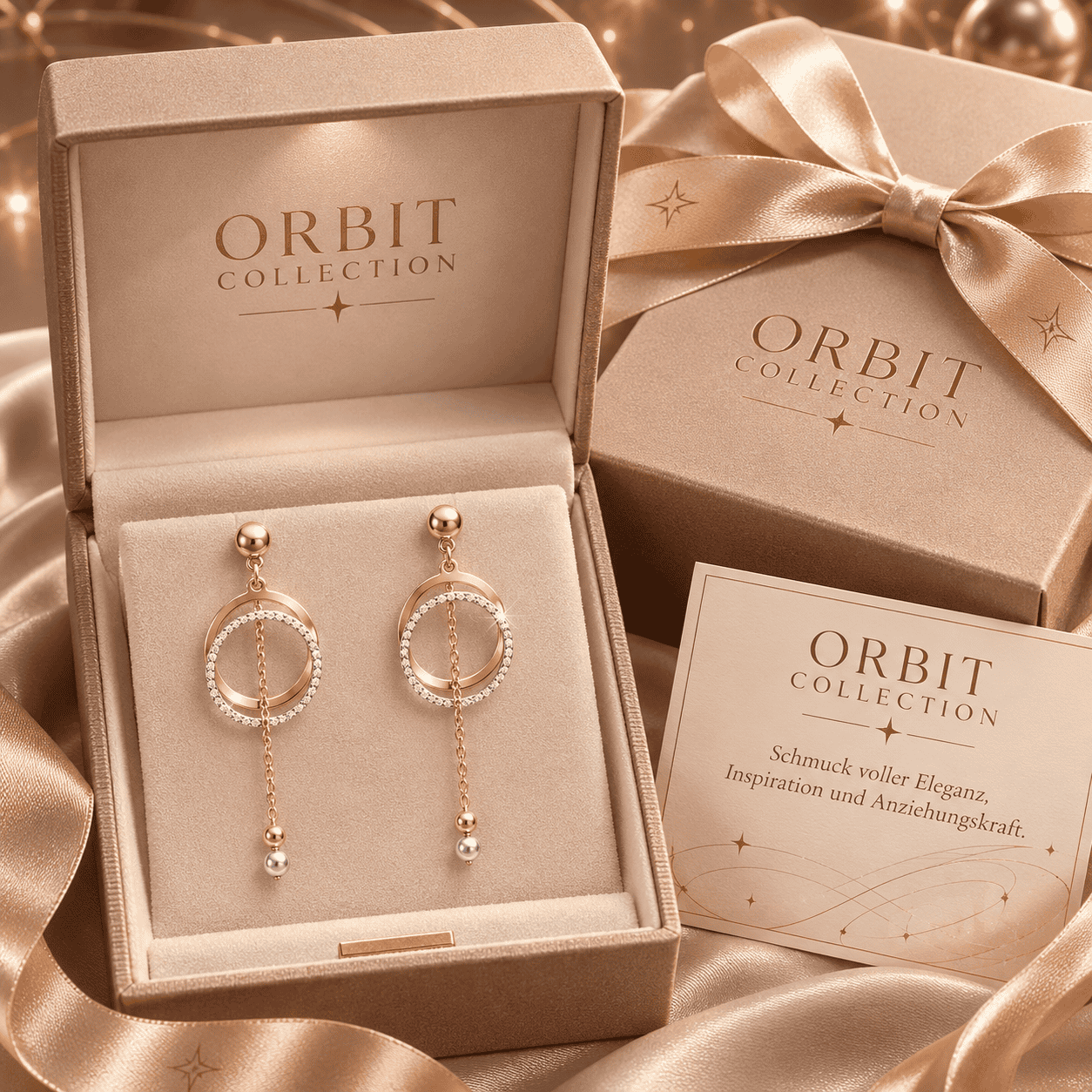 Elegante Orbit Collection Ohrringe in Geschenkbox mit Schleife.