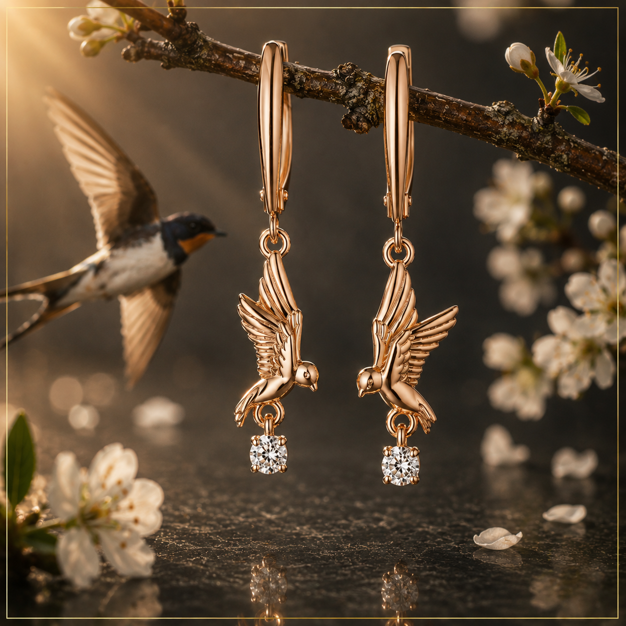 Moderne Ohrringe Motiv Vogel Rotgold 585 mit Zirkonia