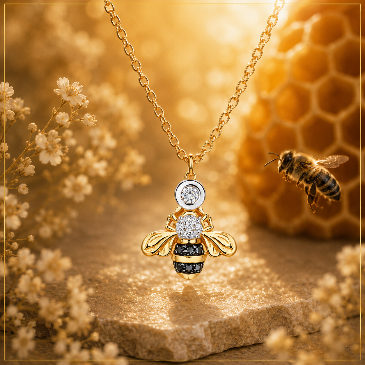 Kettenanhänger Biene 14 ct Rotgold 585 mit schwarzen und weißen Diamanten