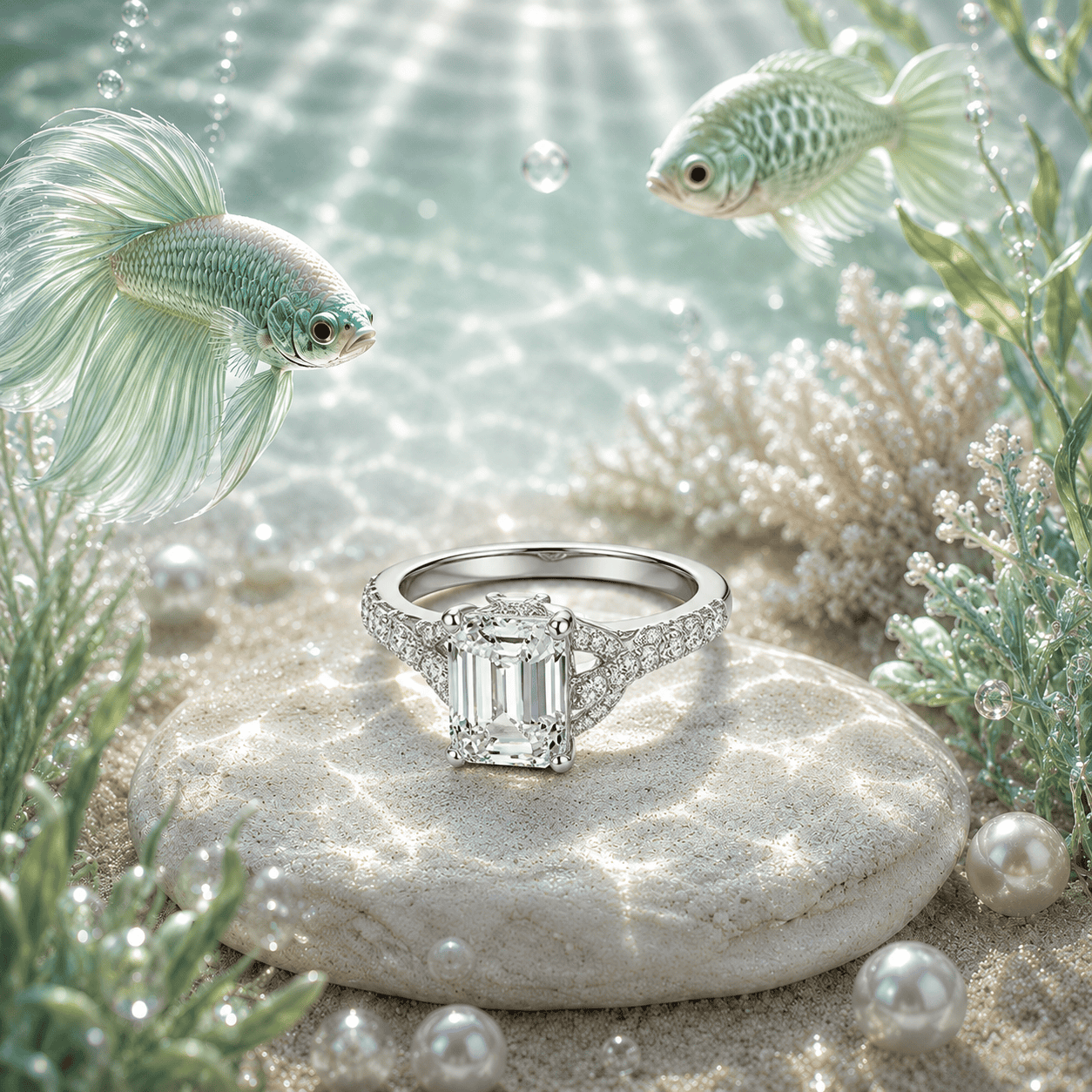 Eleganter Diamantring im Wasser mit Meeresflora und Fischen.