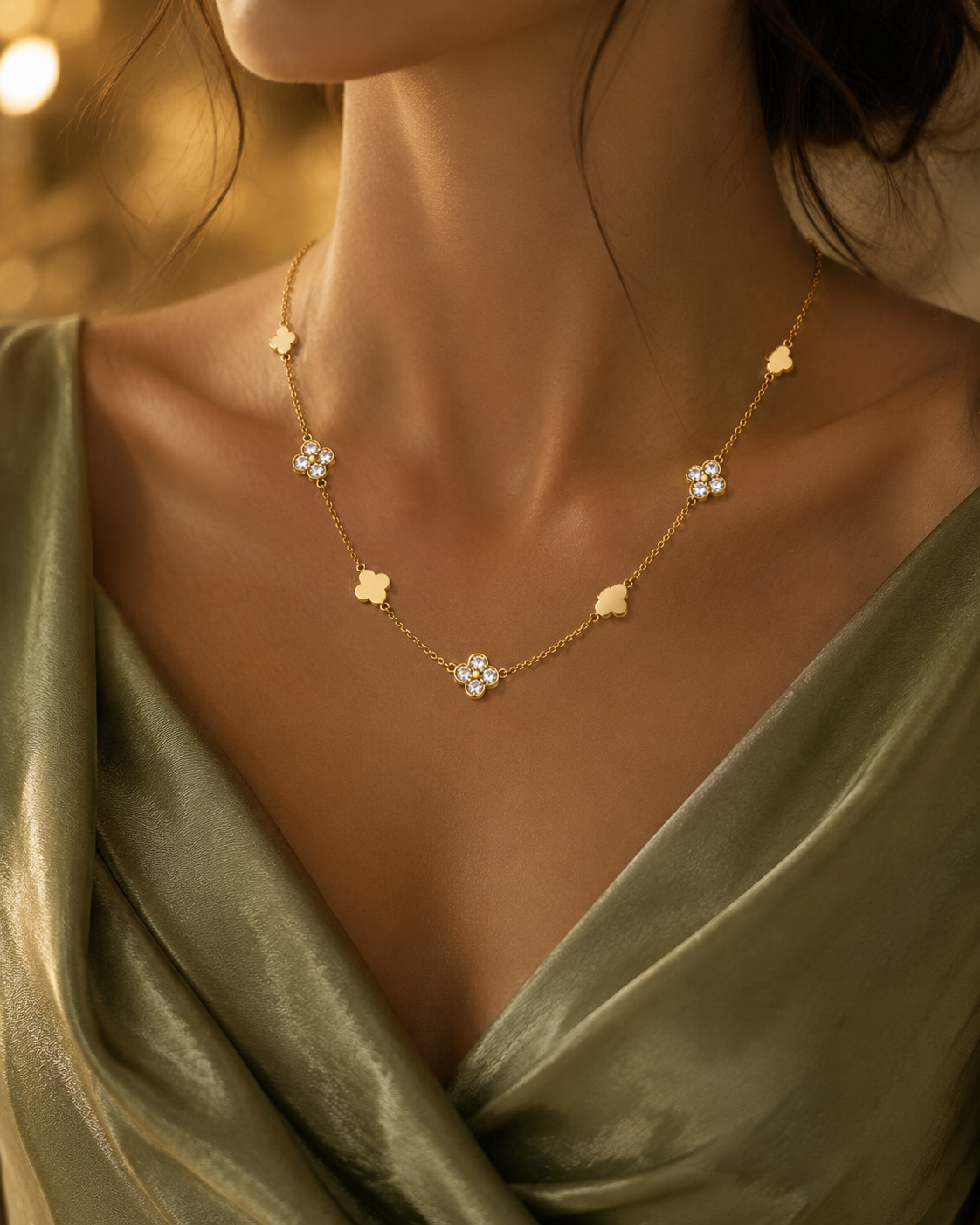 Collier Kleeblatt aus Rotgold 585 und Zirkonia