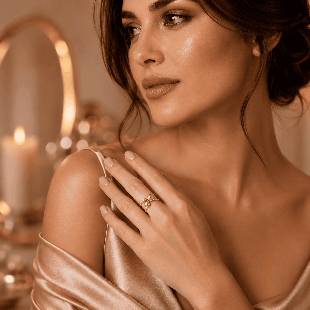 Elegante Frau mit Schmuck und natürlichem Make-up in warmem Licht.