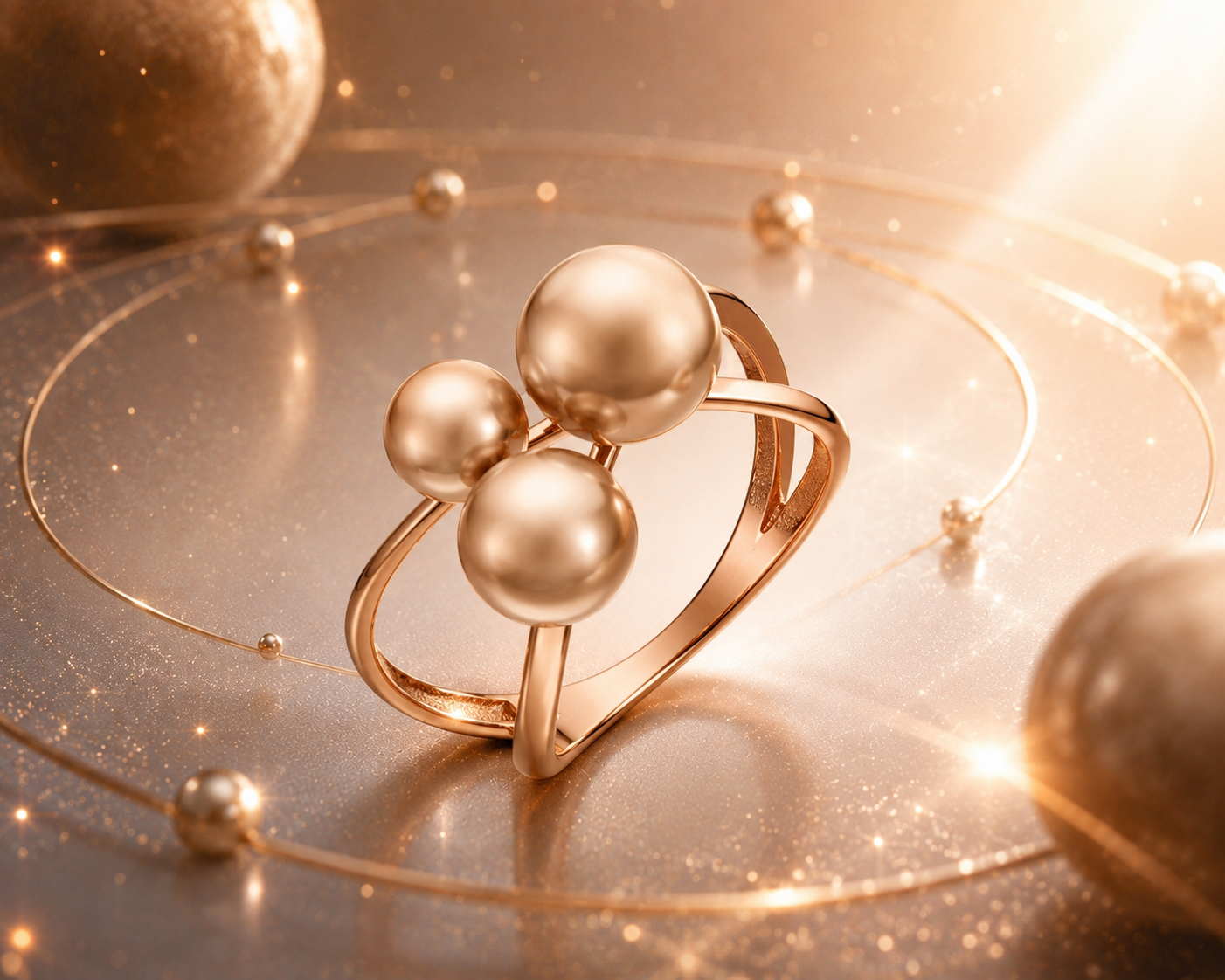 Damenring Trinity Orbit – goldene Kugeln – Rosegold 585