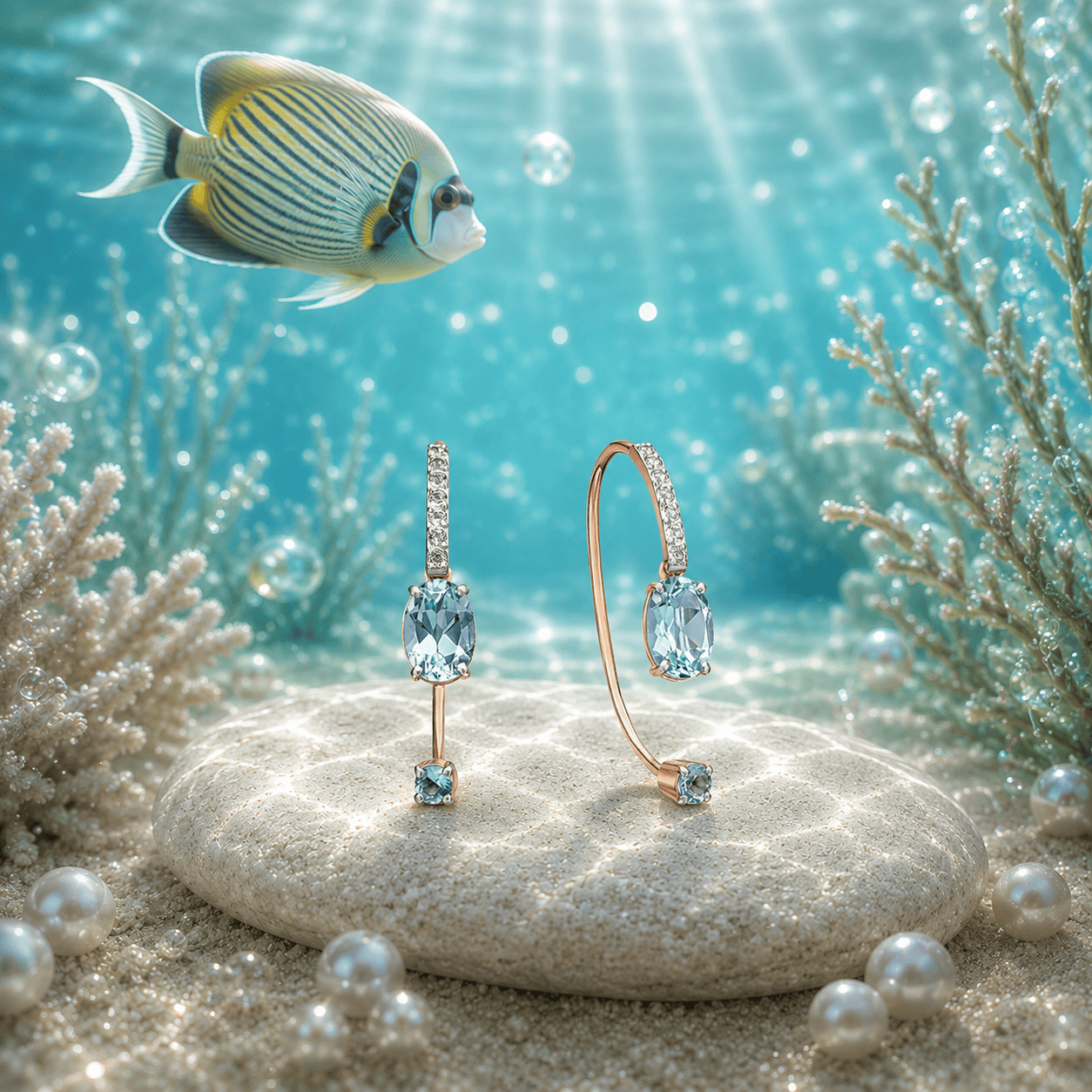 Meeres-Schmuck mit Aquamarin-Ohrringen und -Halskette unter Wasser.