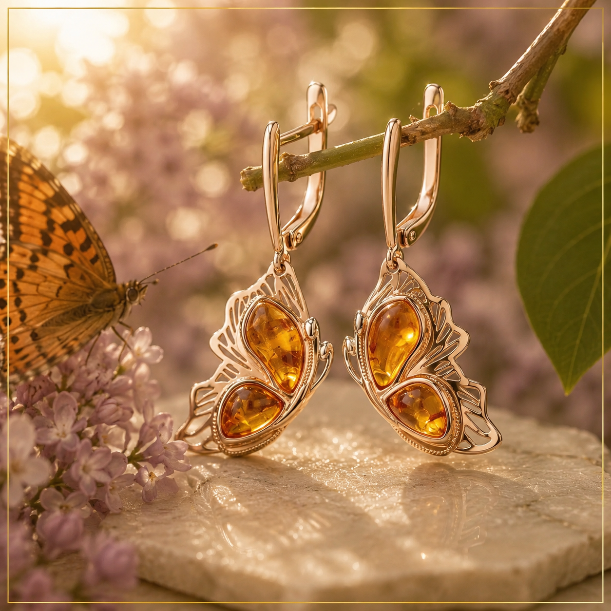Exklusive Ohrringe Schmetterling Rotgold 585 und Bernstein