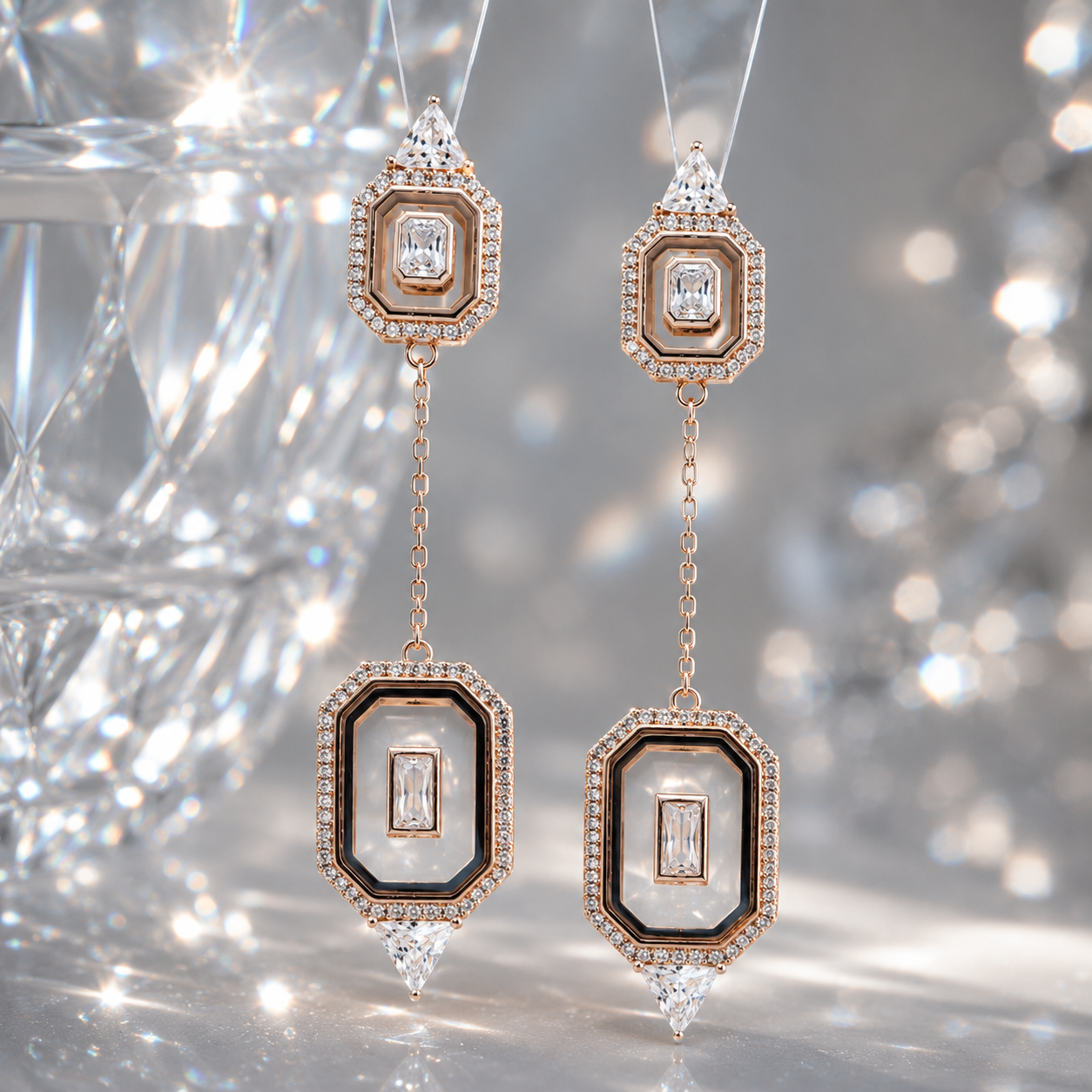 Festliche Ohrringe Art Deco Stil, Rosé vergoldet mit Zirkonia