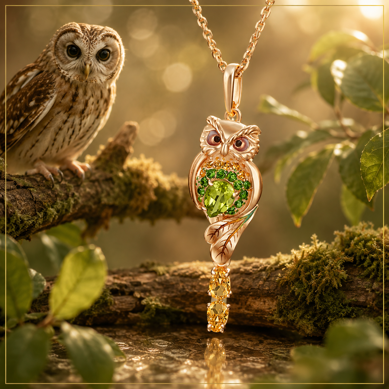 Kettenanhänger Eule aus 14 ct Rosegold mit Edelsteinen