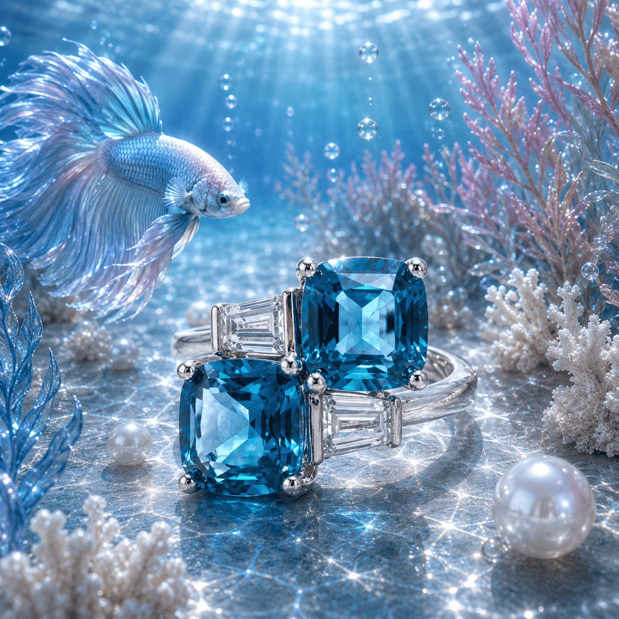 Eleganter Aquamarin Ring mit Diamanten auf Meeresgrund.