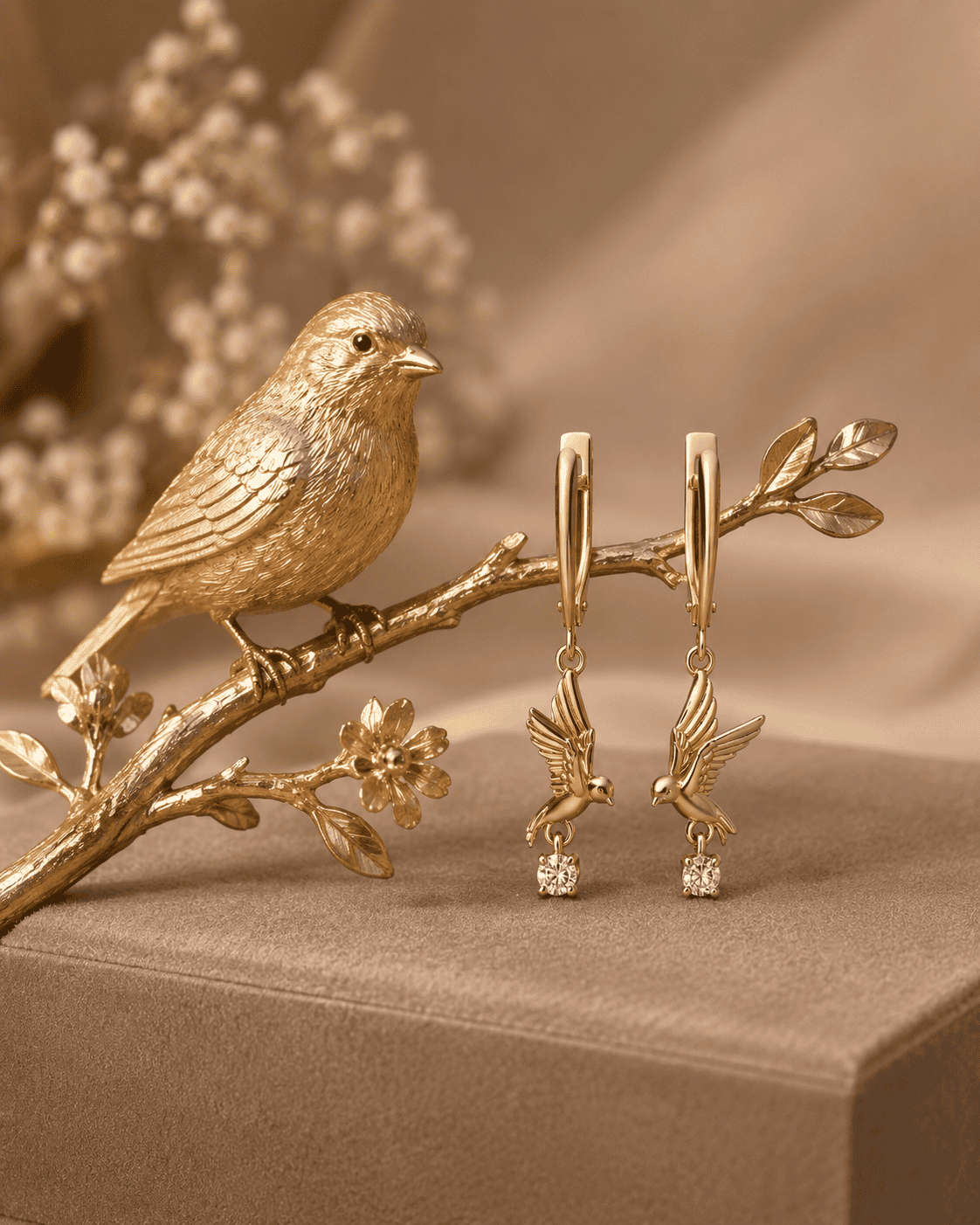 Goldene Ohrringe mit Vogelmotiv und Diamanten auf Zweig.