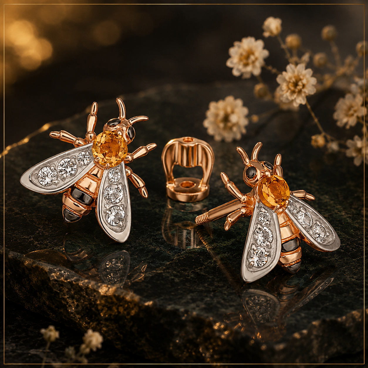 Ohrstecker Bienchen Rosegold 585 Citrin und Topas