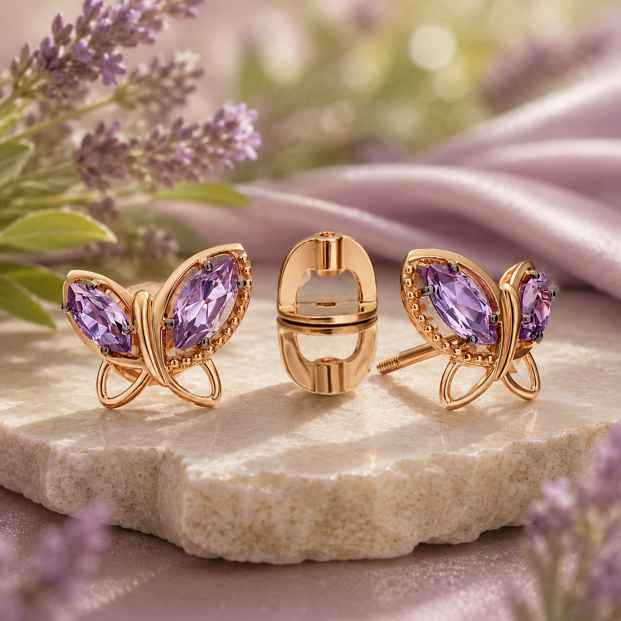 Ohrstecker Schmetterling aus Roségold 585 mit Amethysten