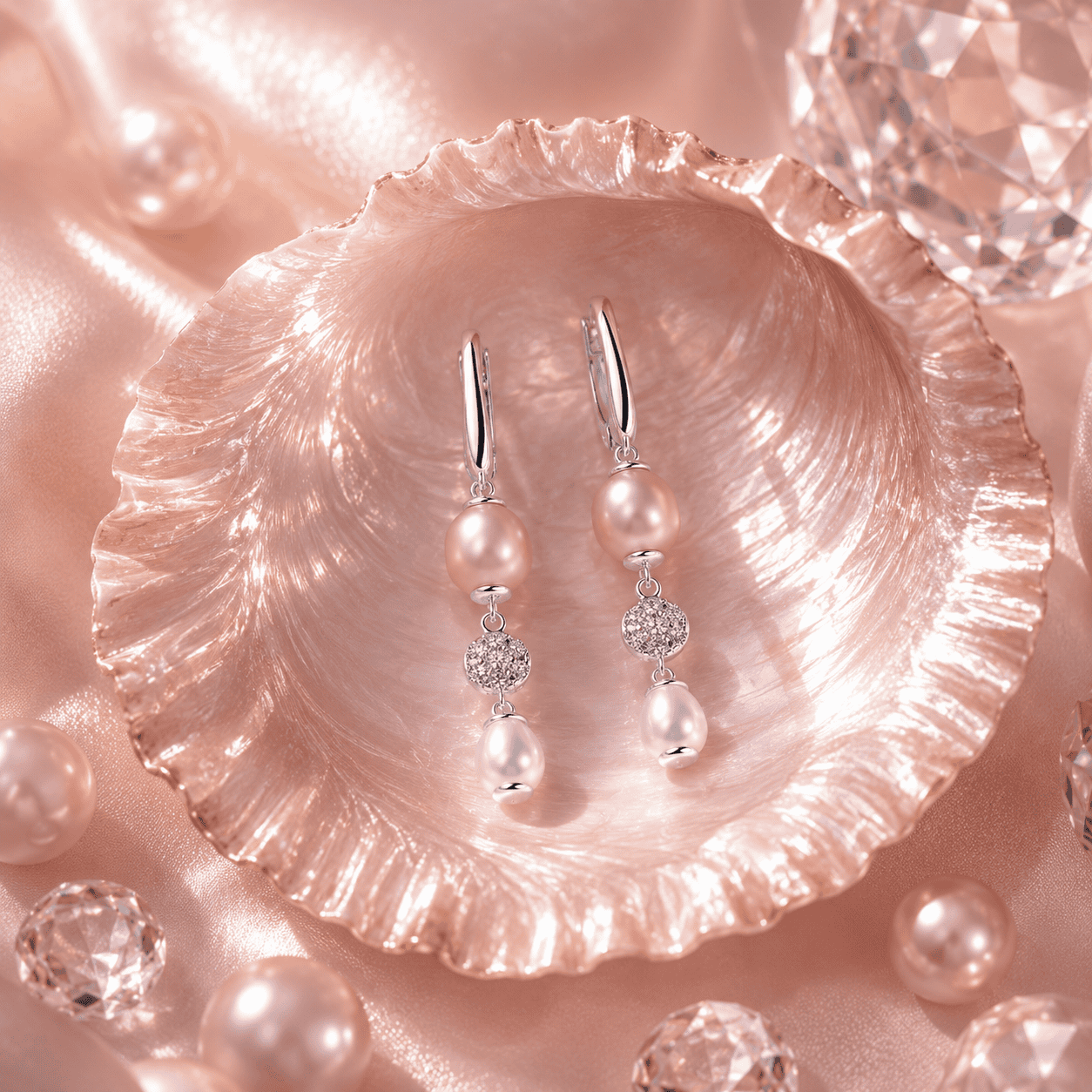 Schicke Perlenohrringe auf rosa Satin mit Schmucksteinen.