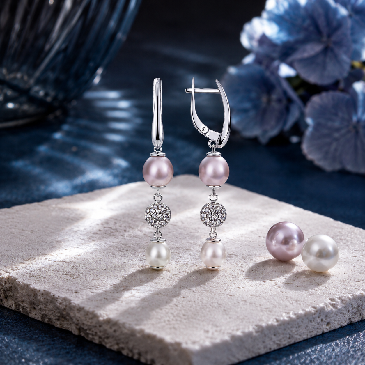 Perlenohrringe Rosa hängend Sterlingsilber mit Zirkonia