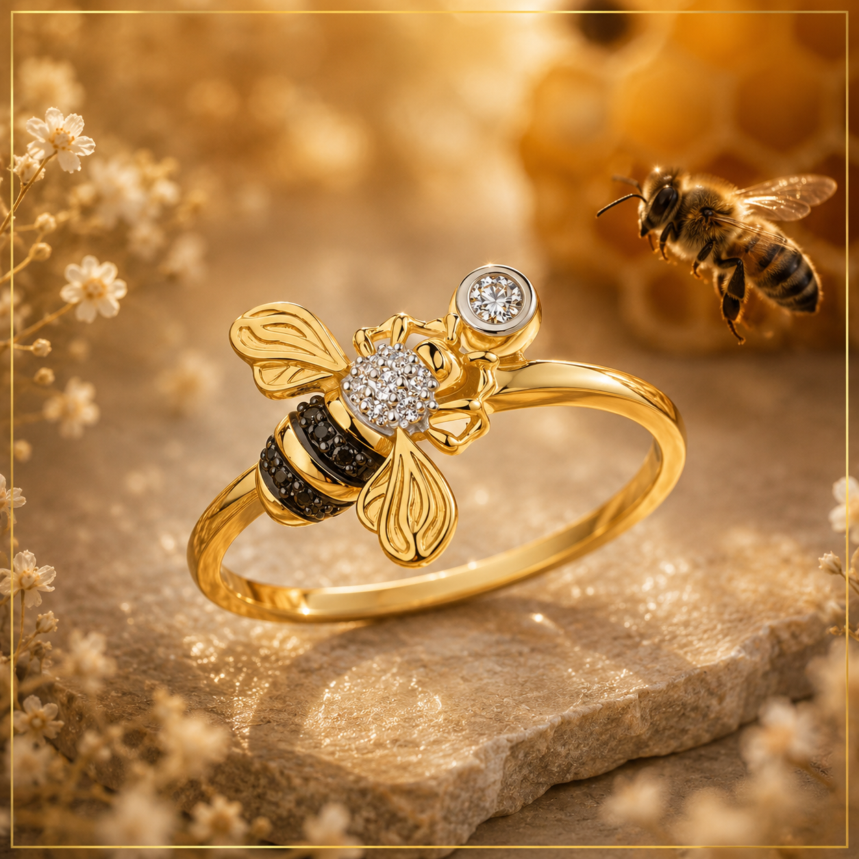 Ring BIENE Gold 585 mit schwarzen und farblosen Diamanten