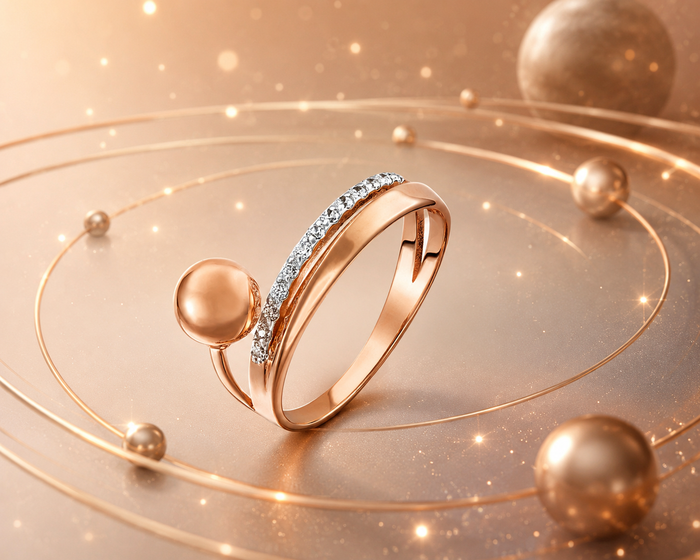 Ring Luna Orbit Roségold 585 mit polierter Kugel und Zirkonia