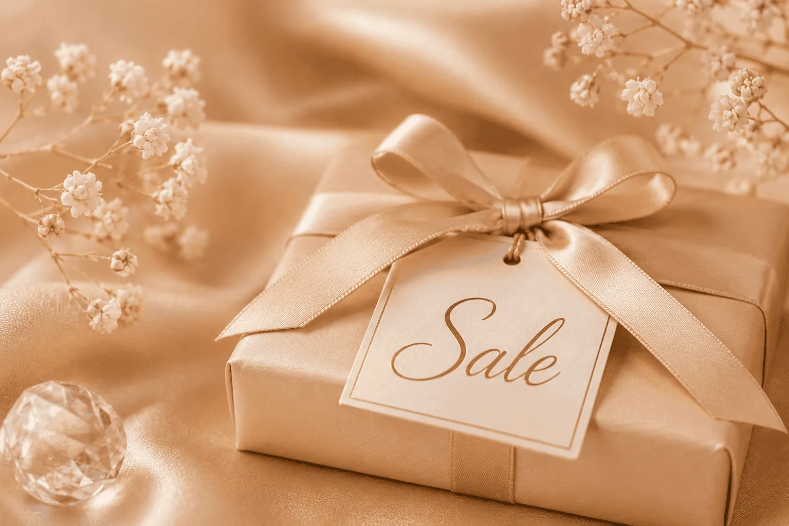 Geschenkverpackung mit Sale-Tag und Schleife, ideal für Verkaufsaktionen.