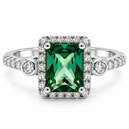 Silberring Esmeralda mit rechteckigem grünem Schmuckstein, Zirkonia-Umrandung und 925 Sterling Silber